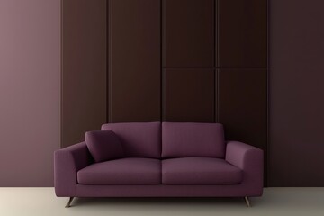 Modern living space, plum mauve sofa, chocolate walls, 3D.