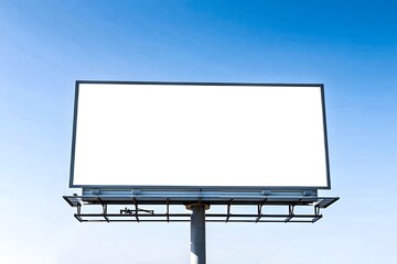 Billboard Under Blue Sky: A blank, modern billboard stands tall against a clear, expansive blue sky, offering vast space for advertisement, promotion or public service announcements.