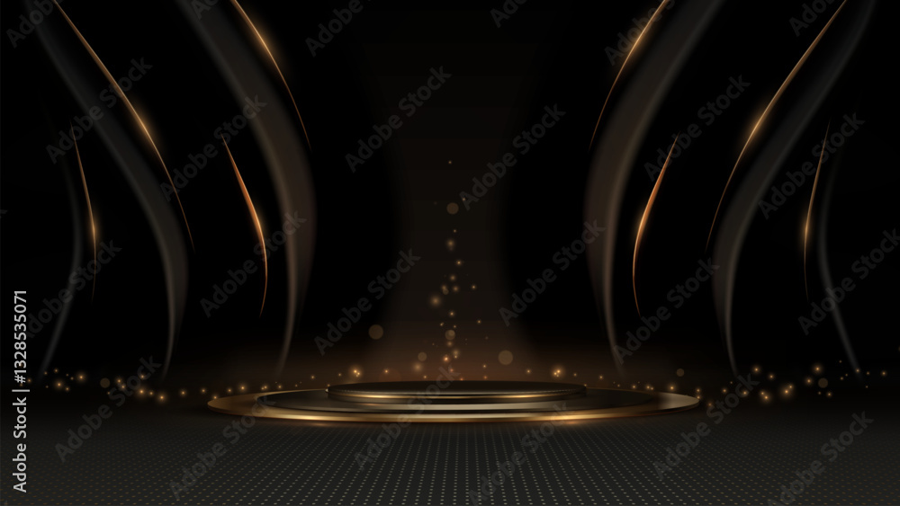 Wall mural empty black display stand with golden curves decorated with golden glow effect and bokeh on dark bac