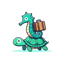 Seahorse and turtle travelers with suitcase. Vector illustration perfect for marine vacation themes and underwater adventure character design.