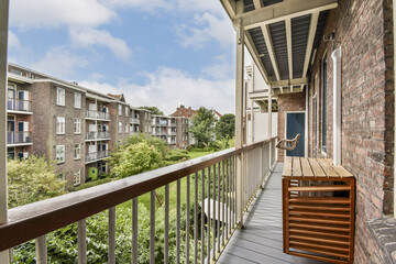 A modern balcony overlooks lush greenery and charming residential buildings, showcasing a comfortable outdoor space perfect for relaxation.