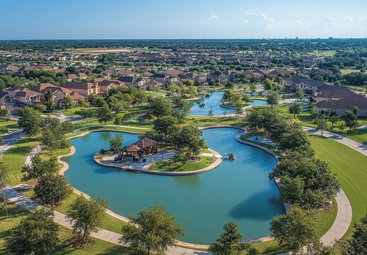 Aerial View of Serene Community Park with Calm Water Features, Lush Green Trees, and Inviting Pathways Under Clear Blue Skies