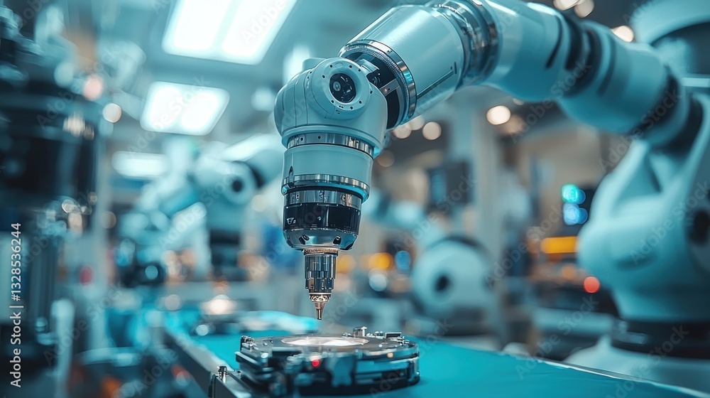 Poster robotic arm assembling hard drive in factory.