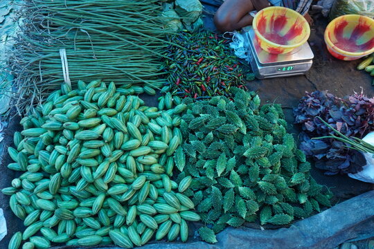 A pile of variety of vegetables like pointed gourd, bitter gourd, moringa sticks and many more 