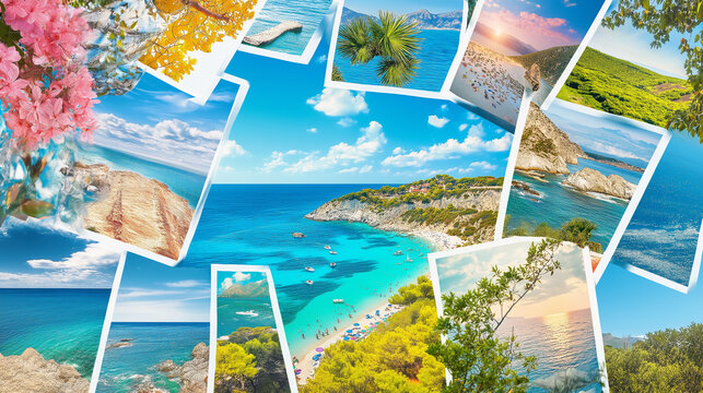 summer vacation, collage of summer vacation photos, greece santorini island, ocean