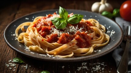 A plate of fettuccine pasta covered in rich tomato sauce, garnished with fresh basil leaves and grated Parmesan cheese. The plate sits on a rustic dark wooden table with fresh tomatoes, garlic, and ba
