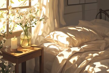 Sunlit bedroom with a cozy bed and a vase of fresh white flowers on a wooden nightstand.