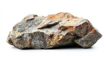 Isolated gray and brown rock specimen, solid and rough texture.