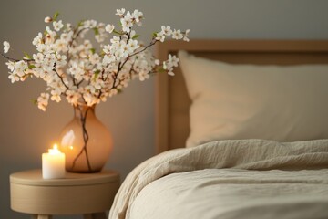 Cozy bedroom with a warm glow and flowers creating a serene atmosphere.