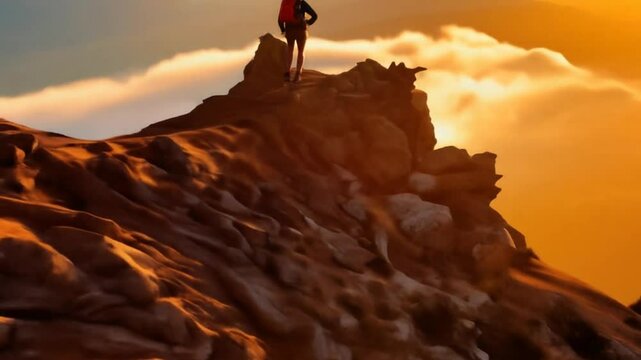 Abenteurer erklimmt Berg im goldenen Sonnenuntergang