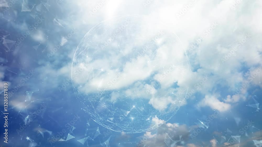 Aufkleber loop sunny sky with clouds time lapse and digital technology sphere animation. concept connection an