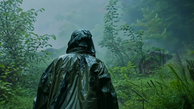Mann mit Regenjacke erkundet den dichten tropischen Wald