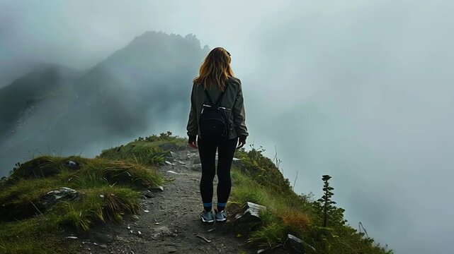 Wanderin geht durch neblige Berglandschaft auf einem schmalen Pfad