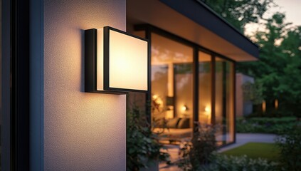 Modern outdoor wall light enhances the elegance of a contemporary home at dusk.