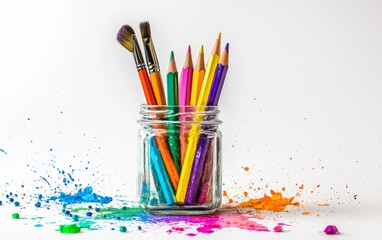 Fototapeta premium Brightly colored art supplies arranged in a jar with splashes of paint on a white background
