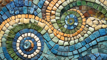 Vibrant mosaic tile pattern with swirling circles and flowing lines.