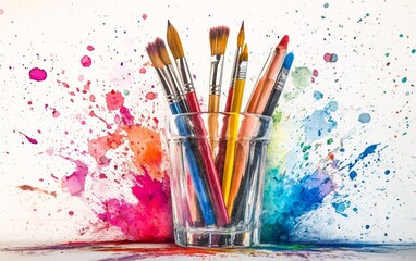 Colorful paintbrushes in a glass container with vibrant splashes of paint surrounding them