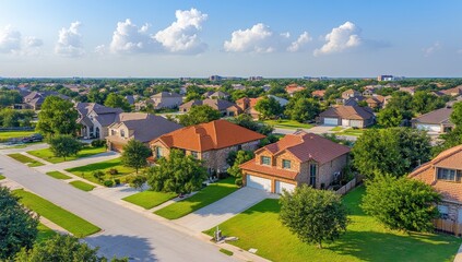 Aerial View of Suburban Neighborhood with Well-Maintained Houses and Lush Green Lawns Under Bright Blue Sky in a Sunny Day