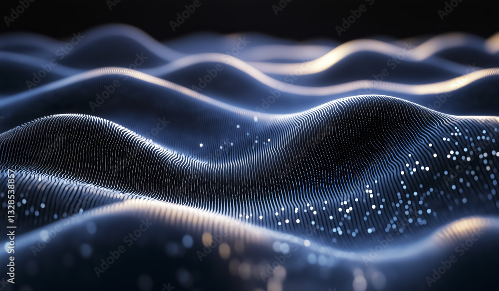 Poster mesmerizing abstract image of undulating waves with glowing dots, resembling digital landscape. smoo