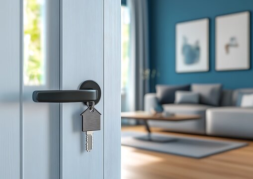 A close-up of a slightly open blue door with a sleek silver handle and a key inserted into the lock, featuring a house-shaped keychain. The blurred background showcases - Powered by Adobe