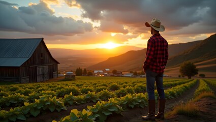 Fototapeta premium Steadfast Guardian of the Land: A Farmer Amidst a Scenic Farm View