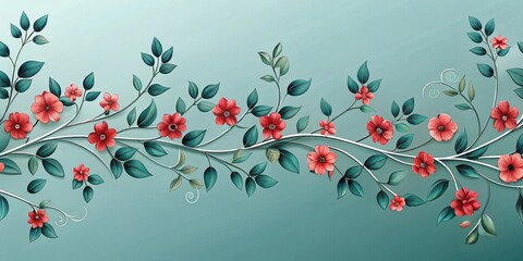Elegant Teal Floral Branch with Red Blossoms, Delicate Leaves, and Swirling Accents for Decorative Purposes