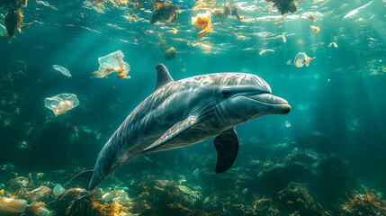 Fototapeta premium A dolphin swimming in clear waters, with pieces of plastic debri