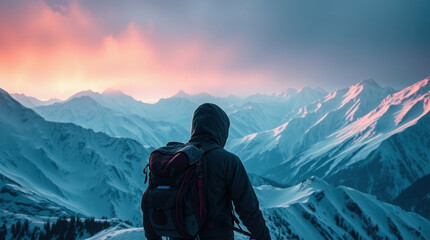 Fototapeta premium Hiker Admiring Sunset Over Snow Capped Mountains