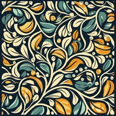 Colorful Artistic Pattern with Leaves and Swirls on Dark Background