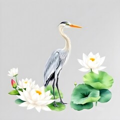 Fototapeta premium Watercolor Gray Heron with White Lotus Flowers and Water Lilies – Elegant Nature Art Design