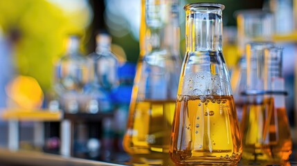 Clear glass flasks filled with amber liquid in a laboratory setting