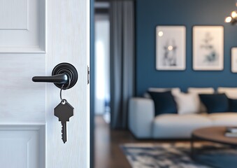A close-up of a slightly open blue door with a sleek silver handle and a key inserted into the lock, featuring a house-shaped keychain. The blurred background showcases