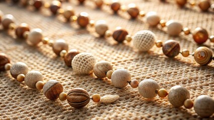 Elegant Beaded Necklaces Arranged in Parallel Lines on Textured Fabric, Showcasing Warm Earth Tones and Subtle Light Patterns