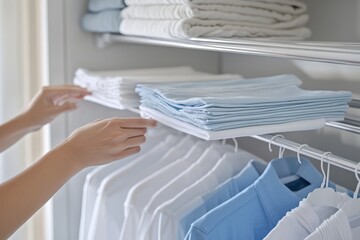 Close-up of hands organizing neatly folded shirts in a minimalist wardrobe.