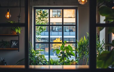 Bright indoor garden viewed through large window overlooking modern building exterior with lush greenery