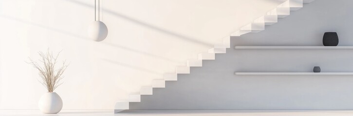 Fototapeta premium Minimalist white interior with stairs, shelves, and decor.