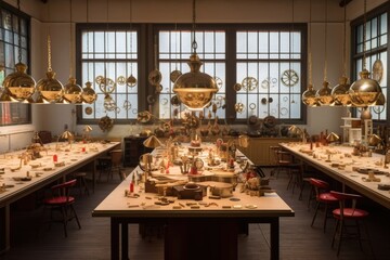 Antique watchmaking workshop, full of tools and parts