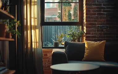 Cozy living room bathed in warm sunlight with plants near a window