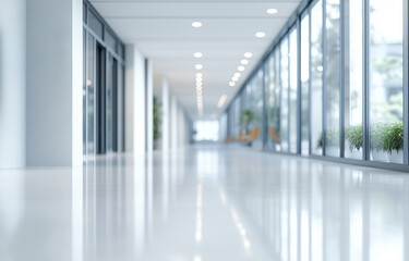 bright, modern hospital corridor with large windows and natural light creates serene atmosphere. polished floor reflects clean, minimalist design, enhancing spacious feel