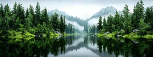 Obraz premium Calm Lake Reflecting Green Trees Under Misty Mountains in a Natural Scenery