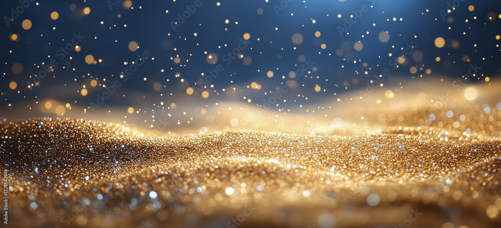 Poster shimmering close up of golden sand with sparkling particles floating above, creating magical and dre