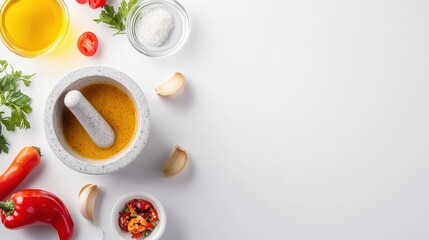 Ingredients for a healthy meal displayed beautifully on a wooden surface with fresh vegetables and spices ready for cooking