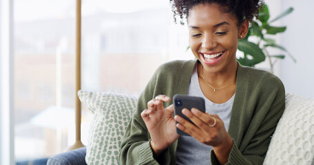 Laugh, mobile and black woman in home online for relax, comedy and funny AI filter app. Smartphone,...