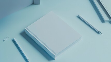 Blank Notebook on Light Blue Background with Pens and Clips