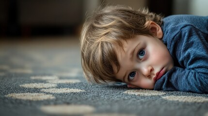 Fototapeta premium Child demonstrates resilience after a fall while playing indoors and prepares to try again with determination