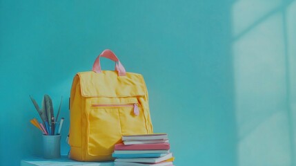 Yellow backpack with books and stationery on a light blue background, featuring sunlight and shadows.