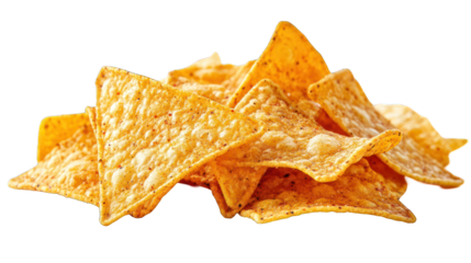 Crunchy tortilla chips piled on a wooden table