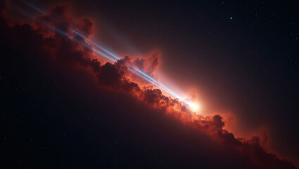 Fototapeta premium Dramatic cosmic landscape with a bright light shining through a nebula in space