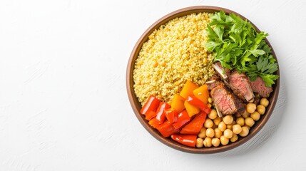 A bowl of flavorful north african couscous platter showcasing colorful ingredients in a cozy setting