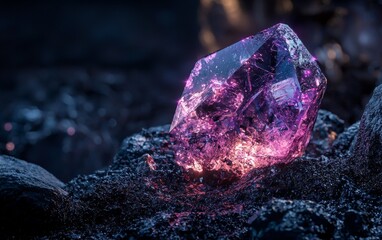 Vibrant purple crystal resting on dark stones illuminated by soft light in a mystical environment